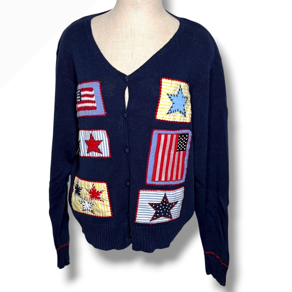 All Points by Reference Point‎ Navy Blue Patriotic Patchwork Cardigan Sweater XL
